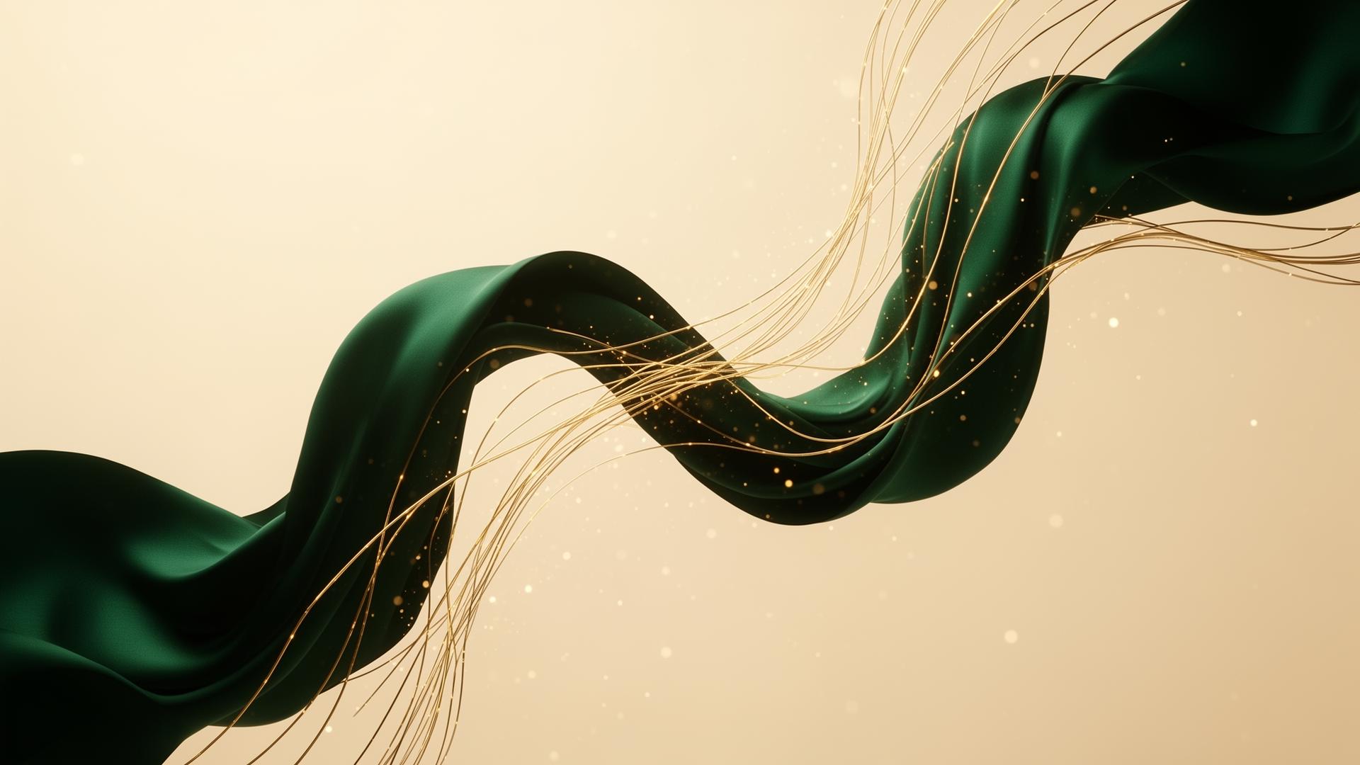 Abstract emerald ribbons and golden filaments representing voice and connectivity